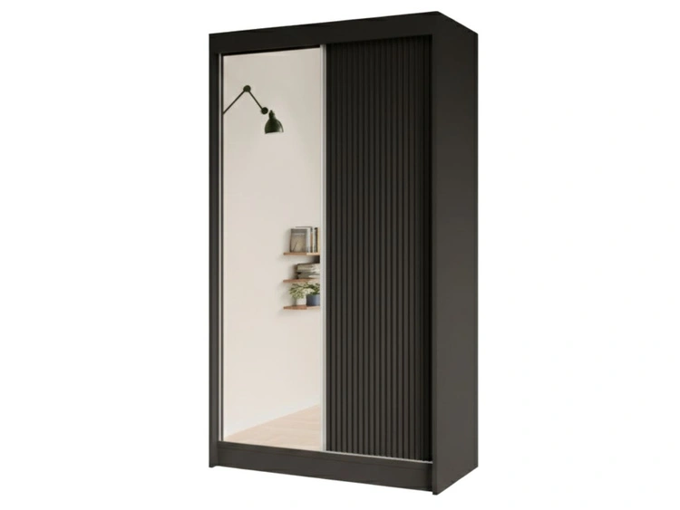 Schiebetürenschrank mit geriffelter Front und Spiegel 120 cm Fano Schwarz
