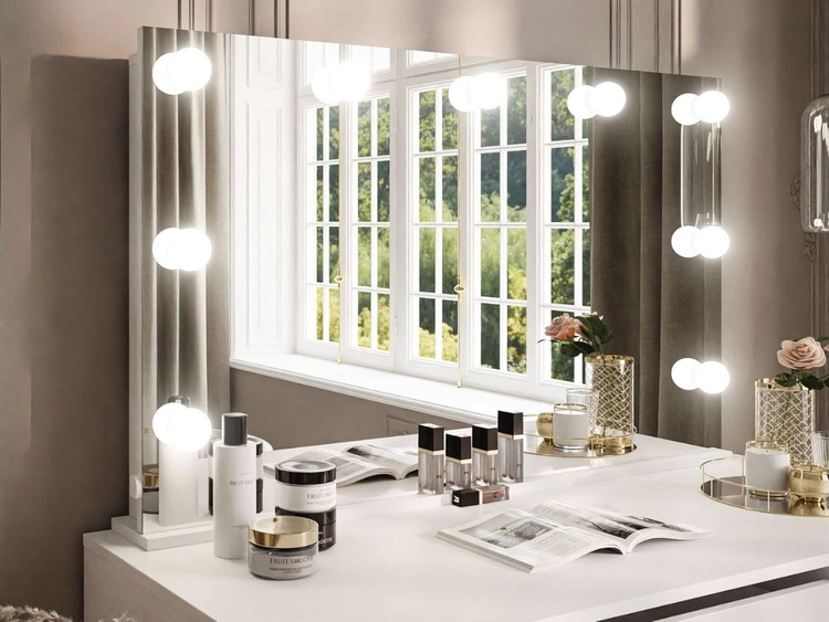 Schminktisch mit Spiegel, Schubladen und LED Melo Elite Weiß Hochglanz