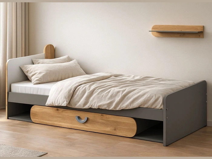 Einzelbett mit Schublade für ein Jugendzimmer Casa Nash Eiche, Weiß, Grau