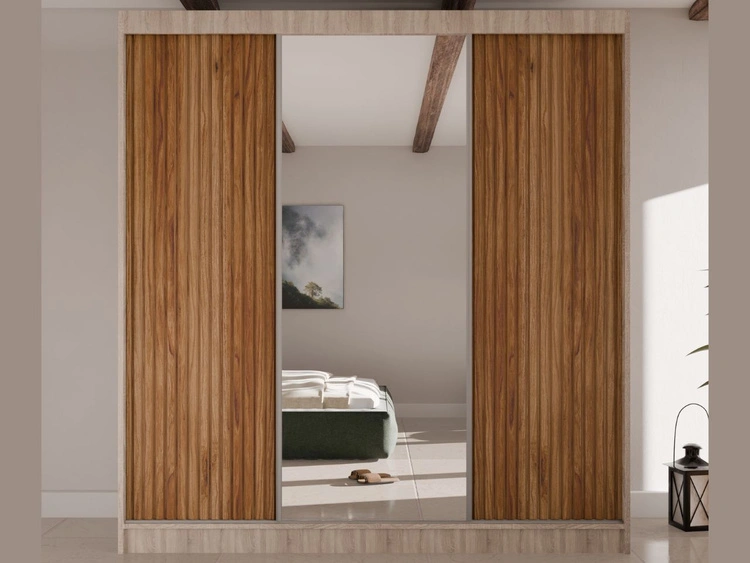 Schiebetürenschrank mit geriffelter Front und Spiegel 200 cm Rivas Eiche Sonoma, Catania