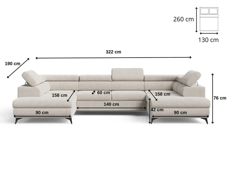 Wohnlandschaft mit Schlaffunktion und Bettkasten Argon Creme