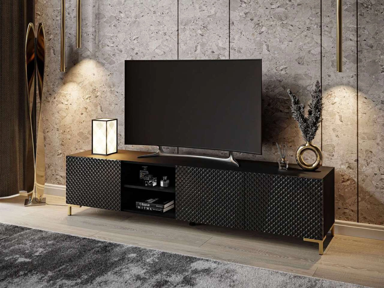 TV-Schrank mit goldenen Kunststoffbeinen und 3D-gefrästen Fronten Celiane Schwarz Glanz