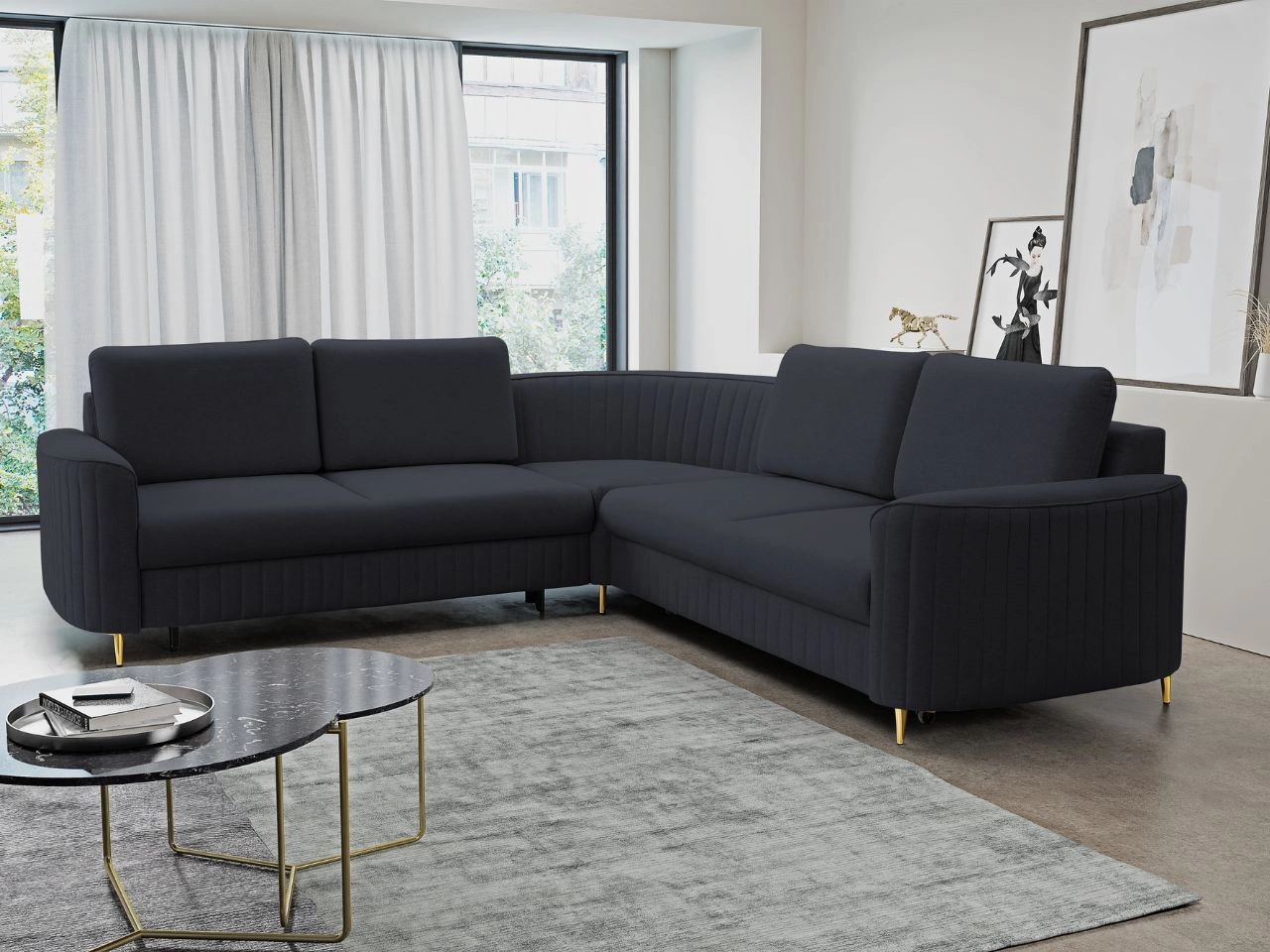 Ecksofa L-Form Rechts mit Schlaffunktion und Bettkasten Limon Dunkelblau