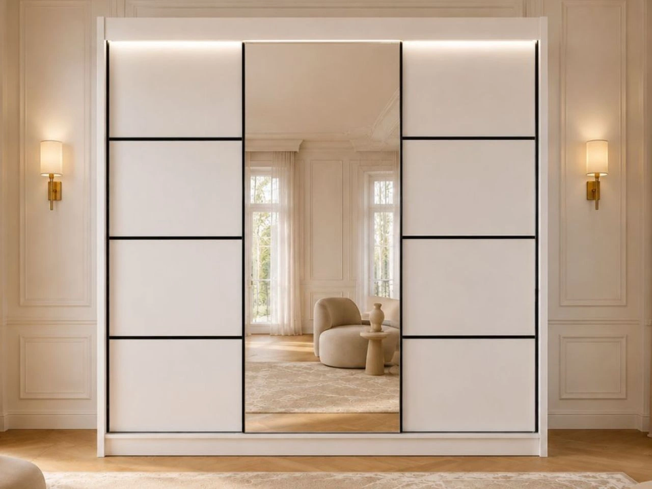 Schiebetürenschrank mit Spiegel 250 cm mit LED-Beleuchtung Portel Weiß
