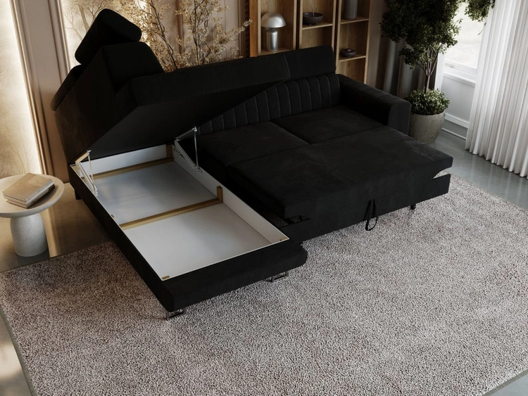 Ecksofa mit Schlaffunktion und Bettkasten Berona links Schwarz