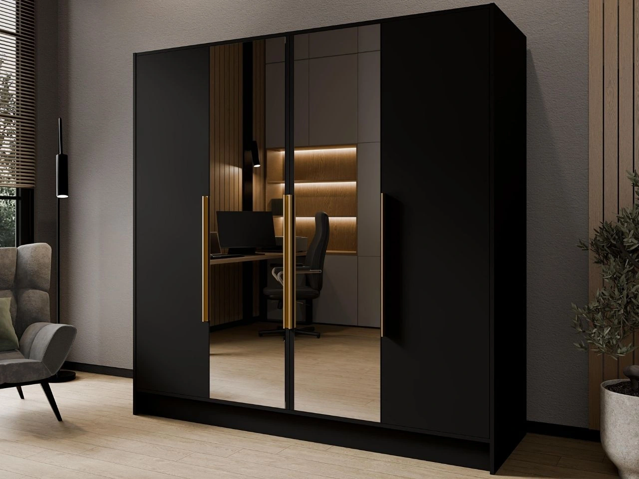 Kleiderschrank mit Spiegel 200 cm Lucca Schwarz mit goldenen Griffen