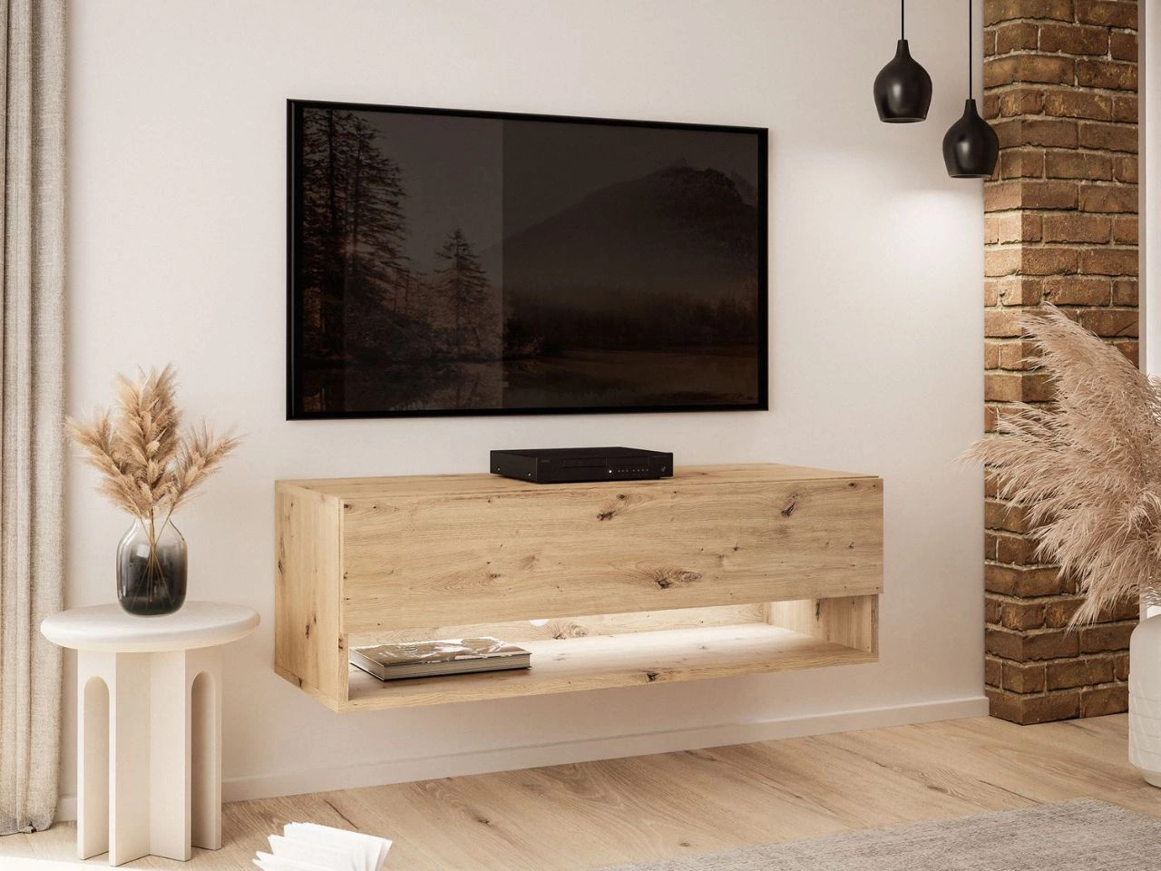 Hänge TV-Schrank 90 cm für Wohnzimmer mit LED-Beleuchtung Aurelie Artisan Eiche