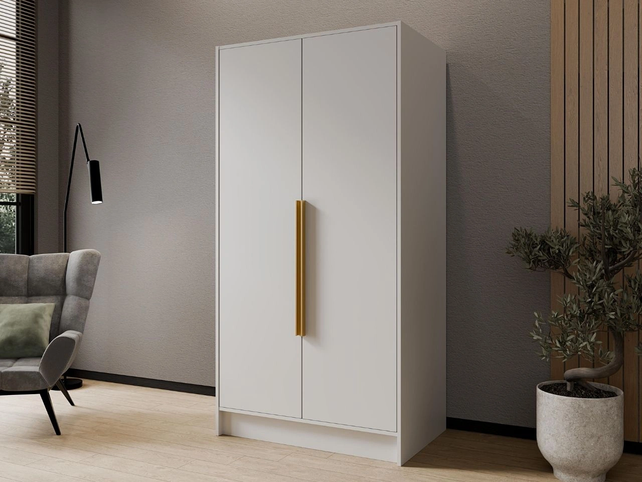 Kleiderschrank 100 cm Perugia Weiß mit goldenen Griffen