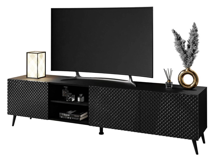 TV-Schrank mit 3D-gefrästen Fronten und schwarzen Metallbeinen Celiane Schwarz Glanz