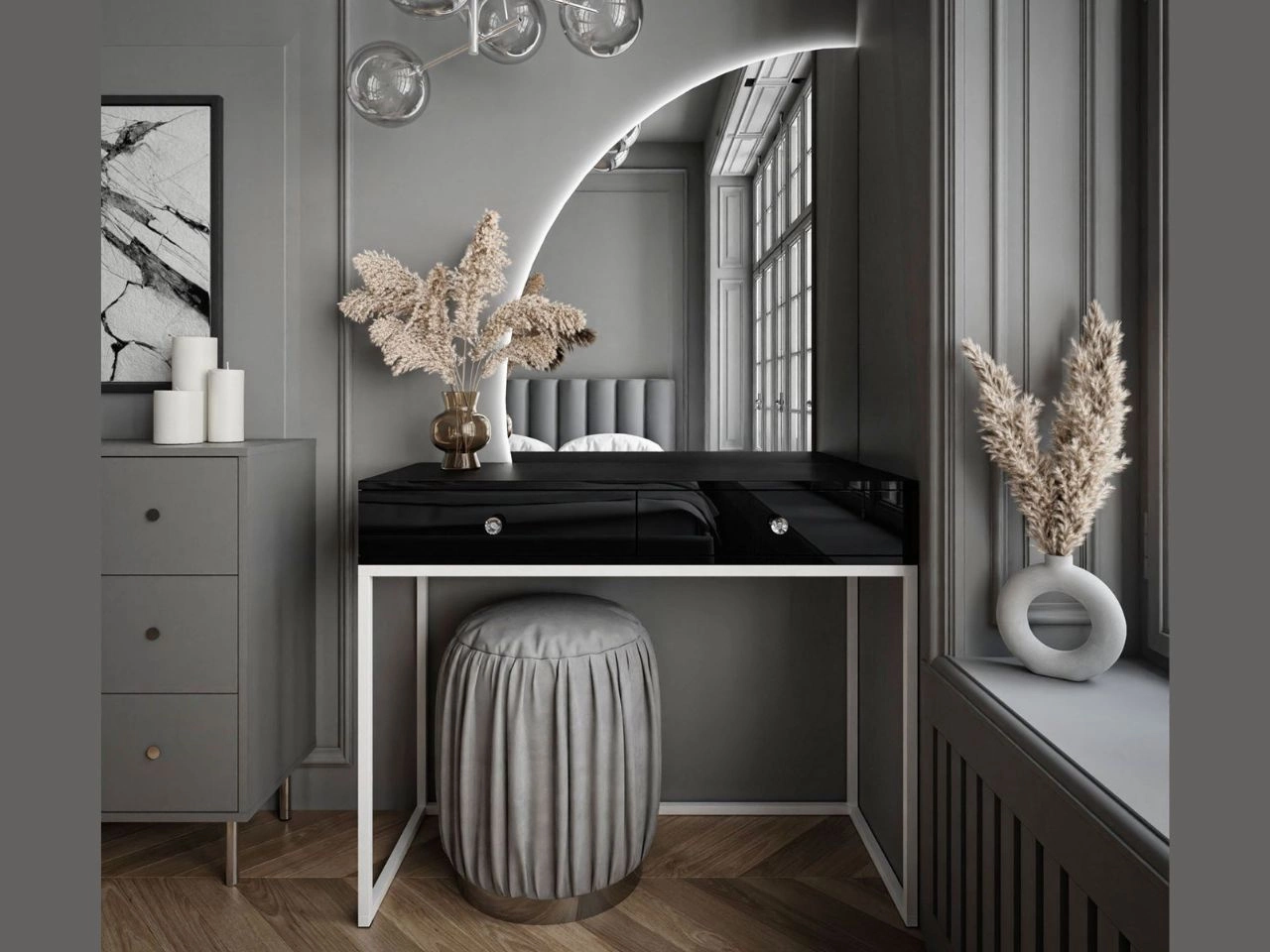 Kosmetiktisch linksseitig mit Schubladen und LED-Beleuchtung auf weißen Beinen Clarette Schwarz Hochglanz