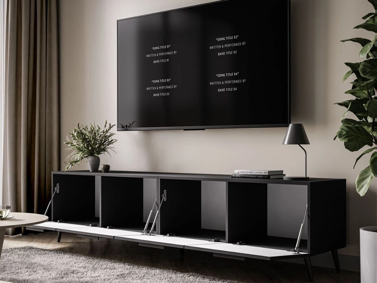TV-Lowboard mit Türen auf Schwarzen Metallbeinen 200 cm Noaé Schwarz Hochglanz