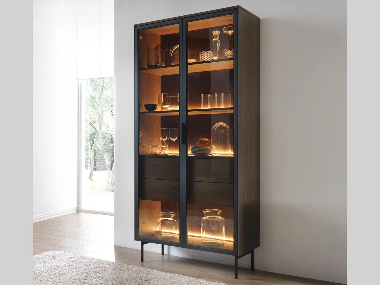 Glasvitrine mit Schubladen und LED-Beleuchtung Lumina Eiche Dunin