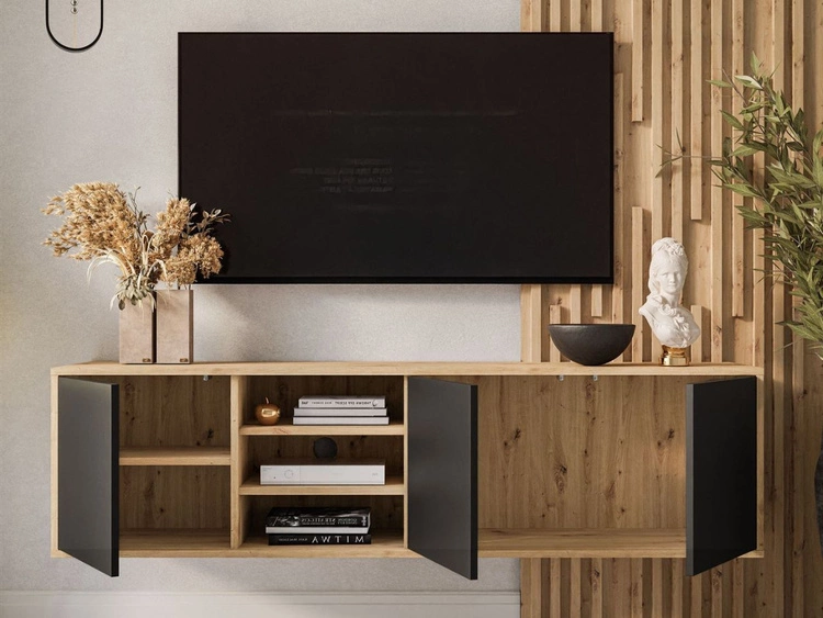 Hängendes TV-Lowboard mit Türen Vivance Schwarz und Eiche Artisan