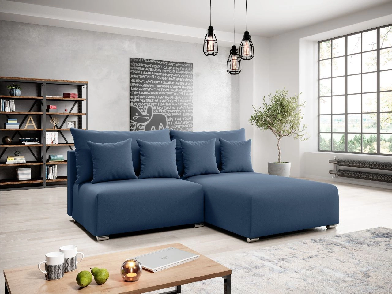 Ecksofa L-Form Rechts mit Schlaffunktion und Bettkasten Ronni Dunkelblau