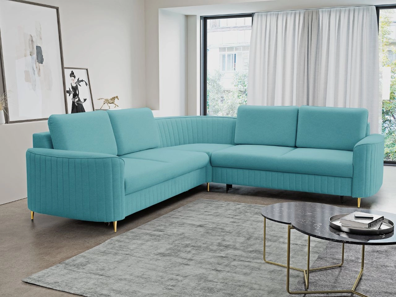 Ecksofa L-Form Links mit Schlaffunktion und Bettkasten Limon Blau