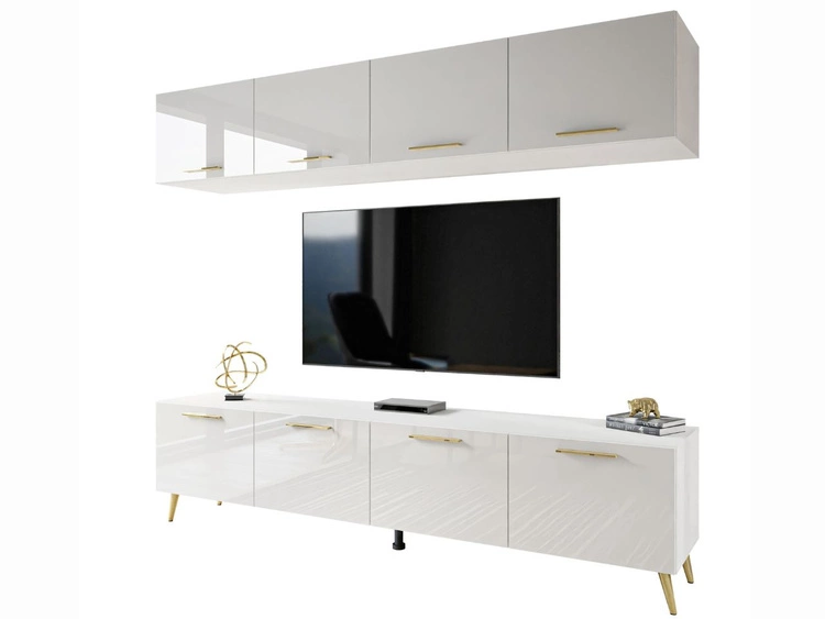 Wohnwand für das Wohnzimmer mit LED-Beleuchtung auf Goldenen Metallbeinen Noaé Weiß Hochglanz