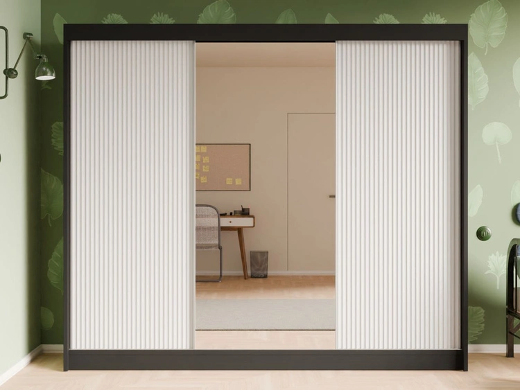 Schiebetürenschrank mit geriffelter Front und Spiegel 250 cm Fano Schwarz, Weiß