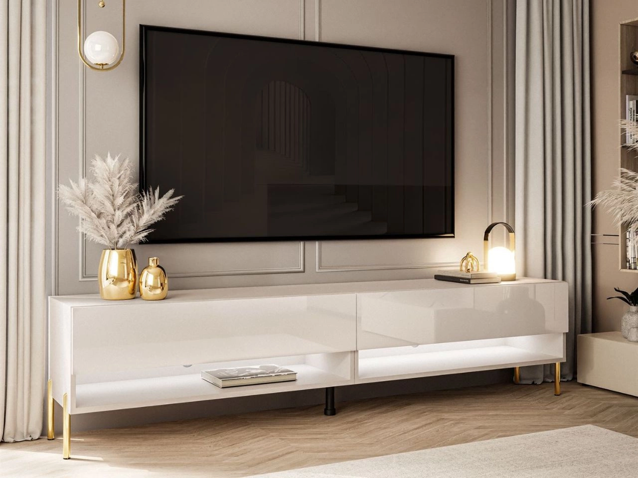 TV-Schrank für das Wohnzimmer 180 cm mit goldenen Metallbeinen und LED-Beleuchtung Aurelie Kaschmir Hochglanz
