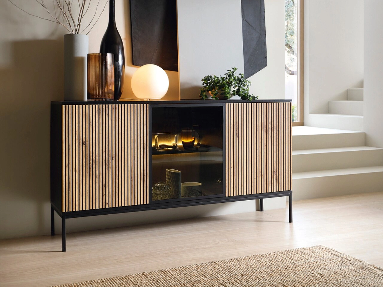 Türkommode mit Led Deo 154 cm Schwarz, Eiche Wotan