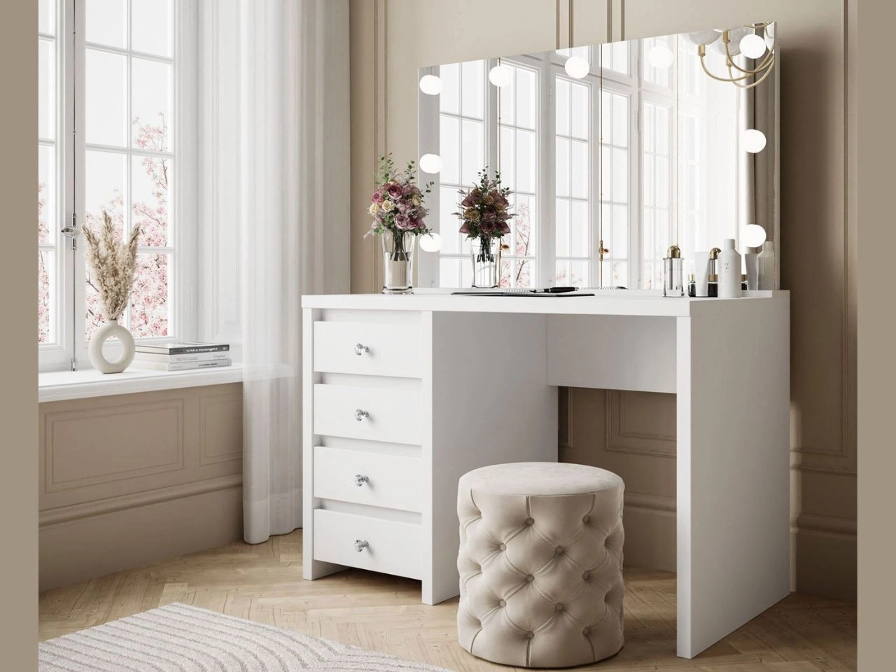 Schminktisch mit Schubladen, Kristallgriffe und LED-Beleuchtung Nesso Weiß Matt