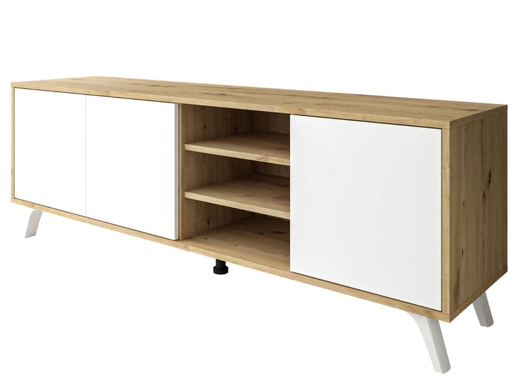 TV-Lowboard mit Türen und weißen Beinen Vivance Weiß & Eiche Artisan