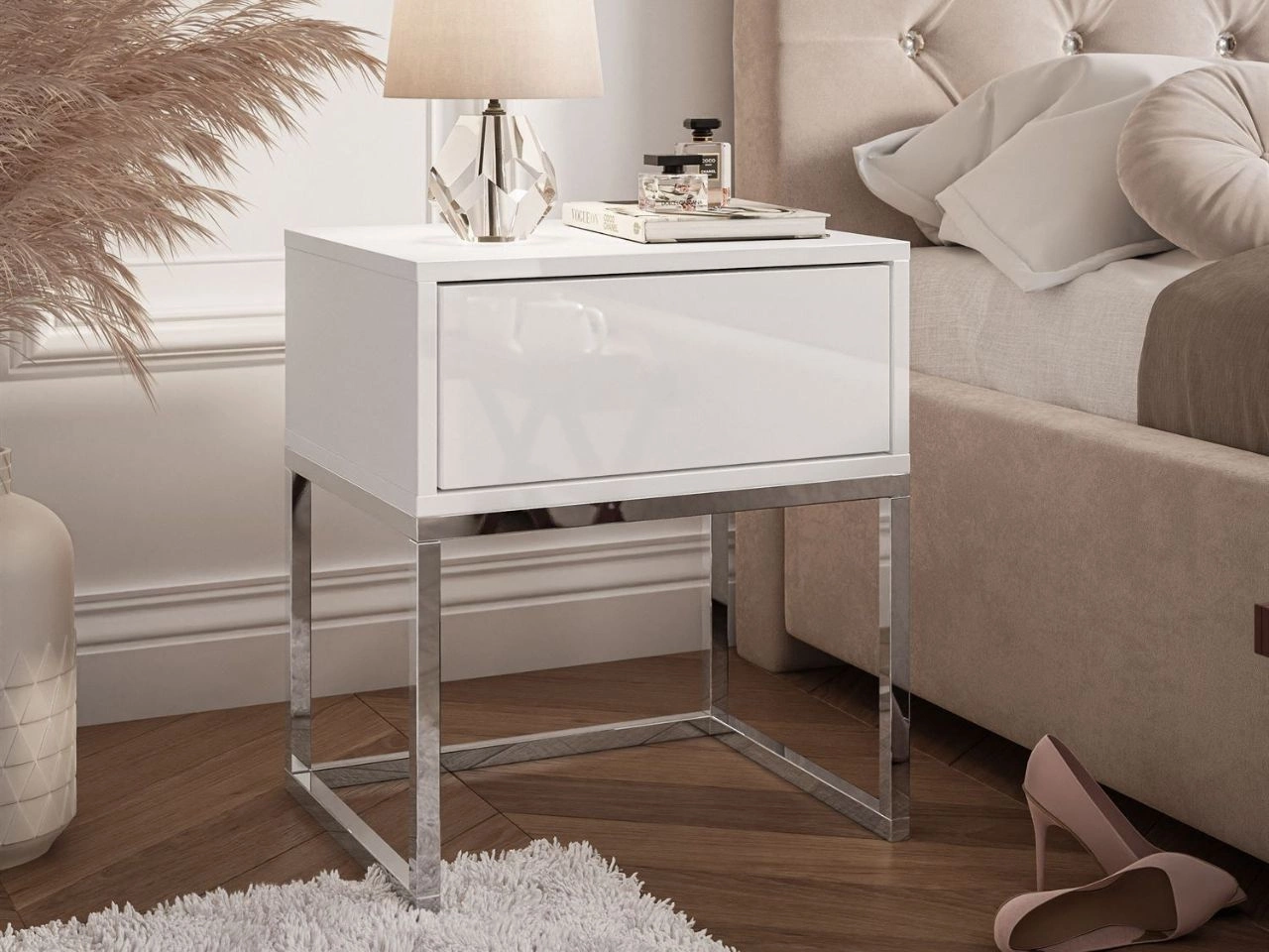 Nachttisch mit Schublade und silbernen Gestell Brisa Weiß Hochglanz