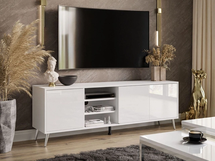 TV-Lowboard mit Türen silberne Beine Vivance Weiß Hochglanz