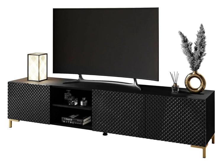 TV-Schrank mit goldenen Kunststoffbeinen und 3D-gefrästen Fronten Celiane Schwarz Glanz