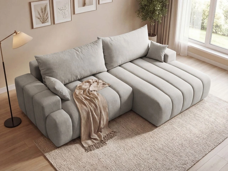 Ecksofa L-Form Rechts mit Schlaffunktion und Bettkasten Caleo Hellgrau