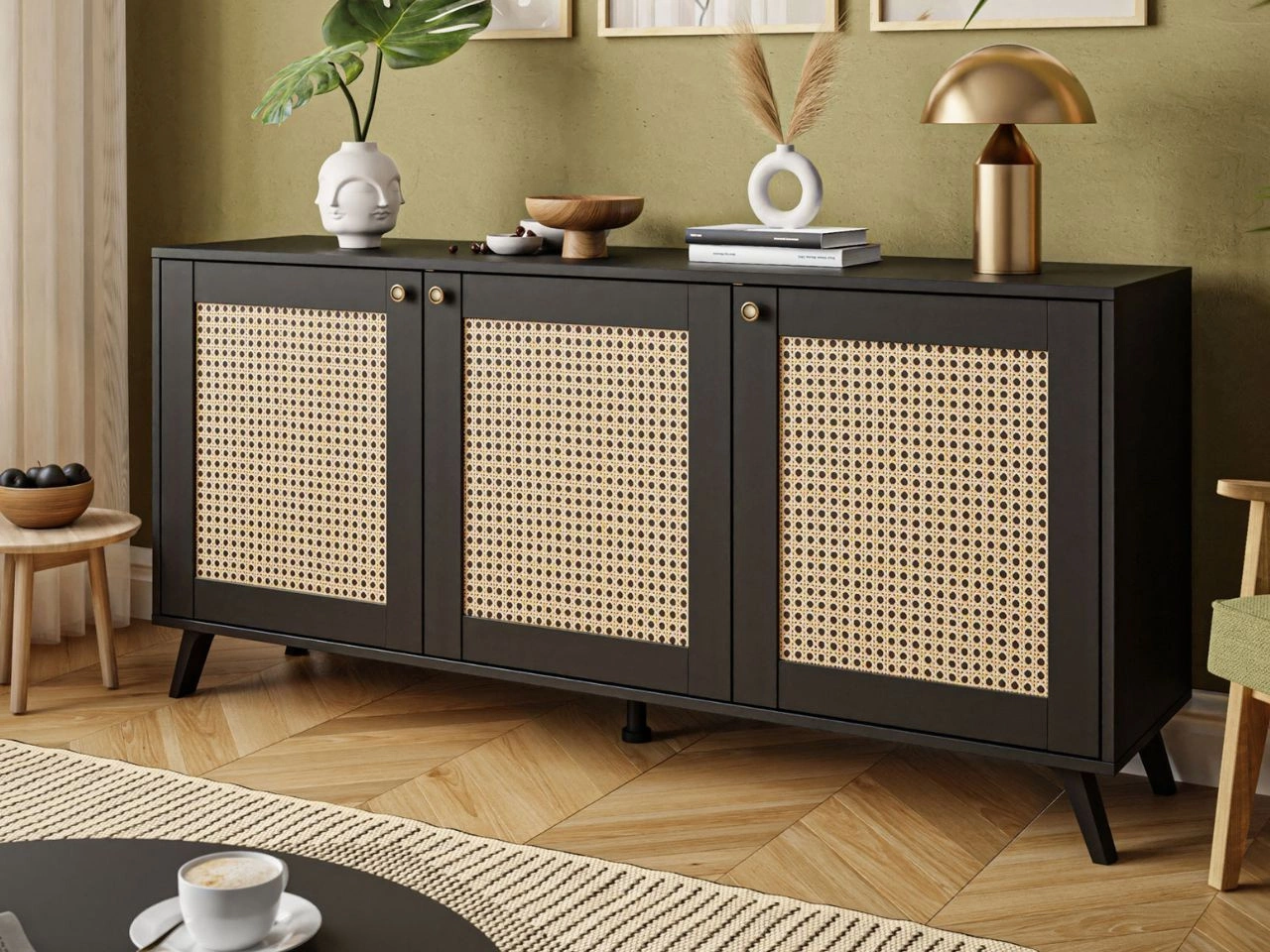 Drehtürkommode Boho mit Flechtmuster Bellance schwarz