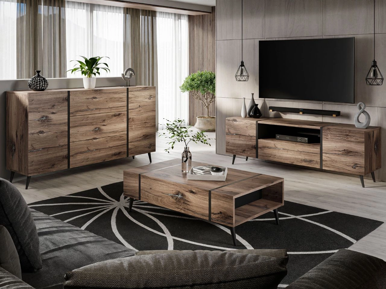 Wohnzimmer-Set im Loft-Stil auf Beinen Lunelie Eiche Flagstaff