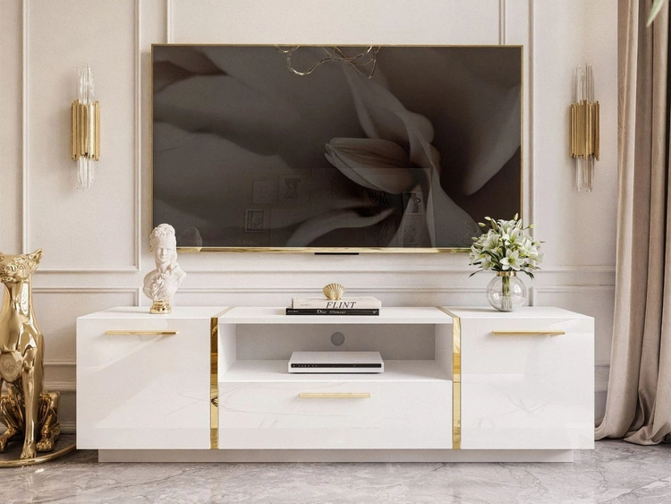 TV-Lowboard im Glamour-Stil, zweitürig mit Schublade Lunelie Weiß Hochglanz