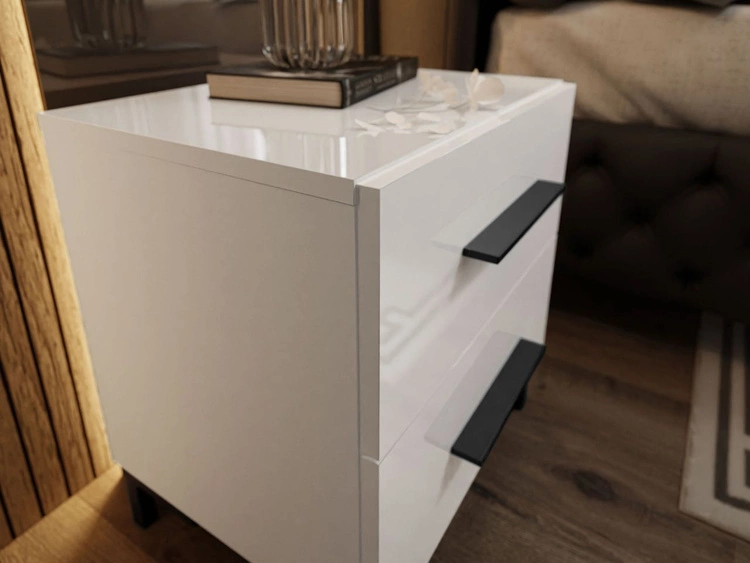 Nachttisch mit zwei Schubladen auf Schwarzen Goldenen Nuveo Lux Weiß Hochglanz