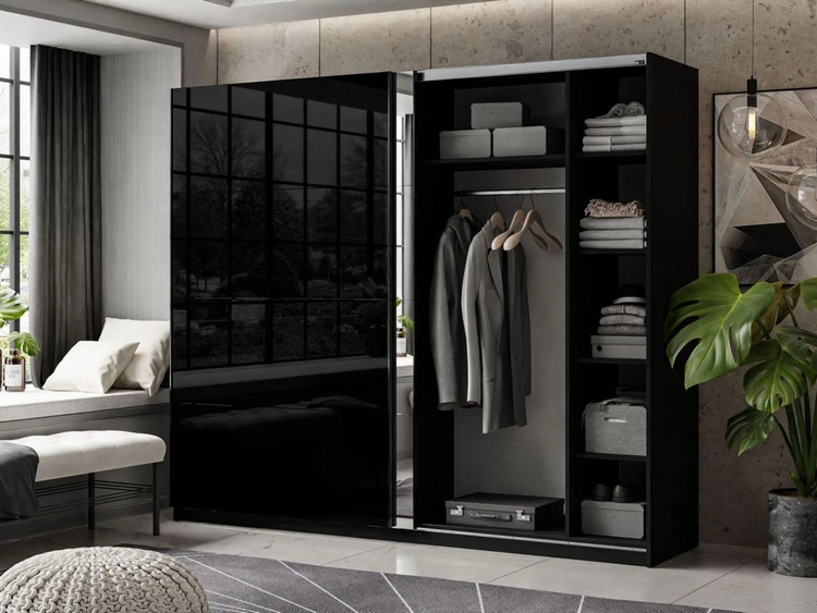Schwebetürenschrank Zweitüriger 244 cm Nuveo Weiß-Schwarz Hochglanz