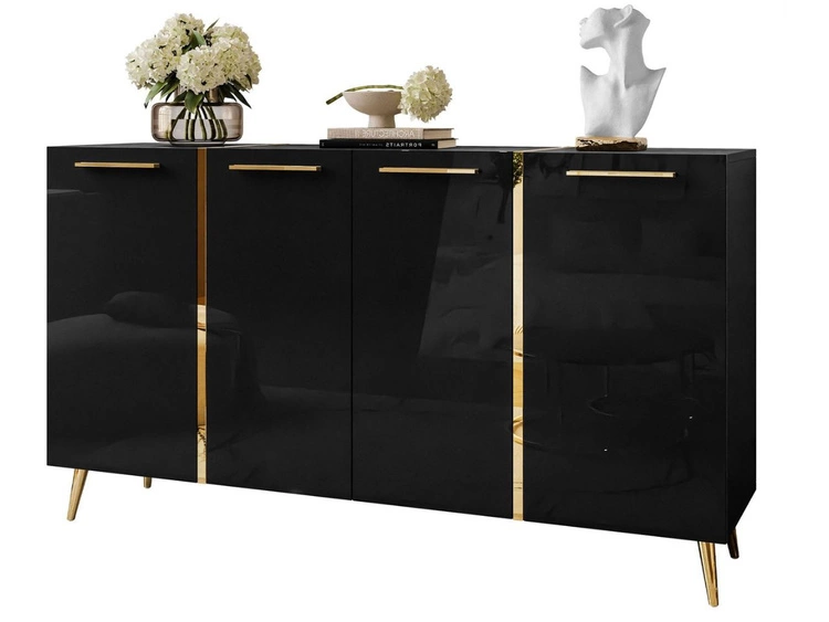 Viertürige Kommode 158 cm Glamour-Stil mit goldenen Griffen und Beinen Lunelie Schwarzglanz