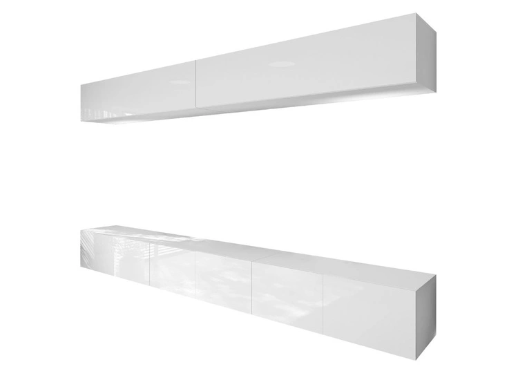 Hängende Wohnwand für das Wohnzimmer mit LED-Beleuchtung Nodoo Weiß Hochglanz