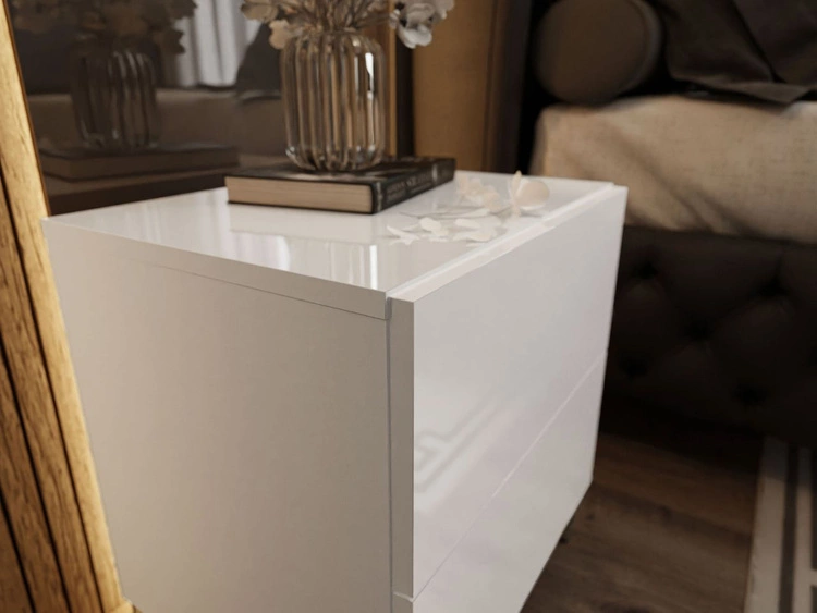 Nachttisch mit zwei Schubladen auf Goldenen Beinen Nuveo Lux Weiß Hochglanz