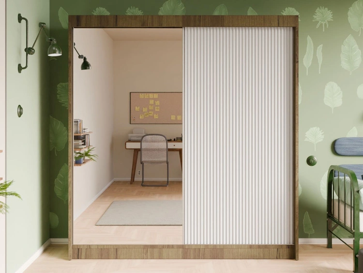 Schiebetürenschrank mit geriffelter Front und Spiegel 200 cm Fano Handwerk Goldene Eiche, Weiß