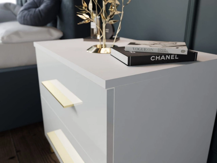 Nachttisch mit Schubladen auf Goldenen Beinen Nuveo Weiß Hochglanz