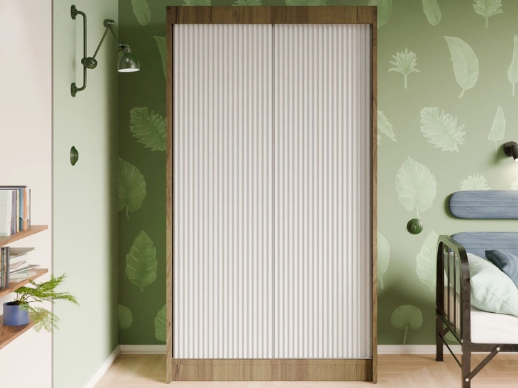 Schiebetürenschrank mit geriffelter Front 120 cm Fano Handwerk Goldene Eiche, Weiß