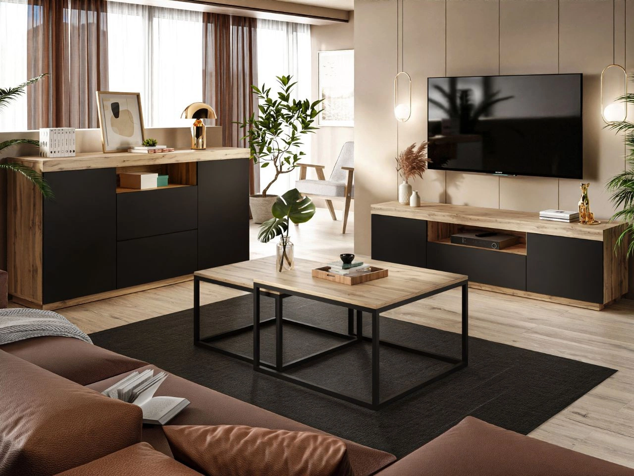 Wohnzimmer-Set – TV-Schrank und Kommode Asumi Schwarz und Eiche Wotan
