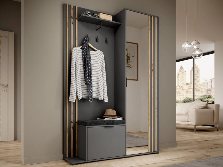 Garderobe mit Spiegel und Kleiderhaken Graphit Artisan Eiche