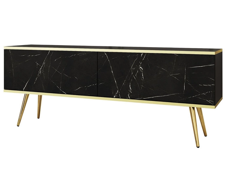 TV-Lowboard mit Türen 135 cm Diolo Schwarzer Marmor mit glatter Front auf goldenen Beinen