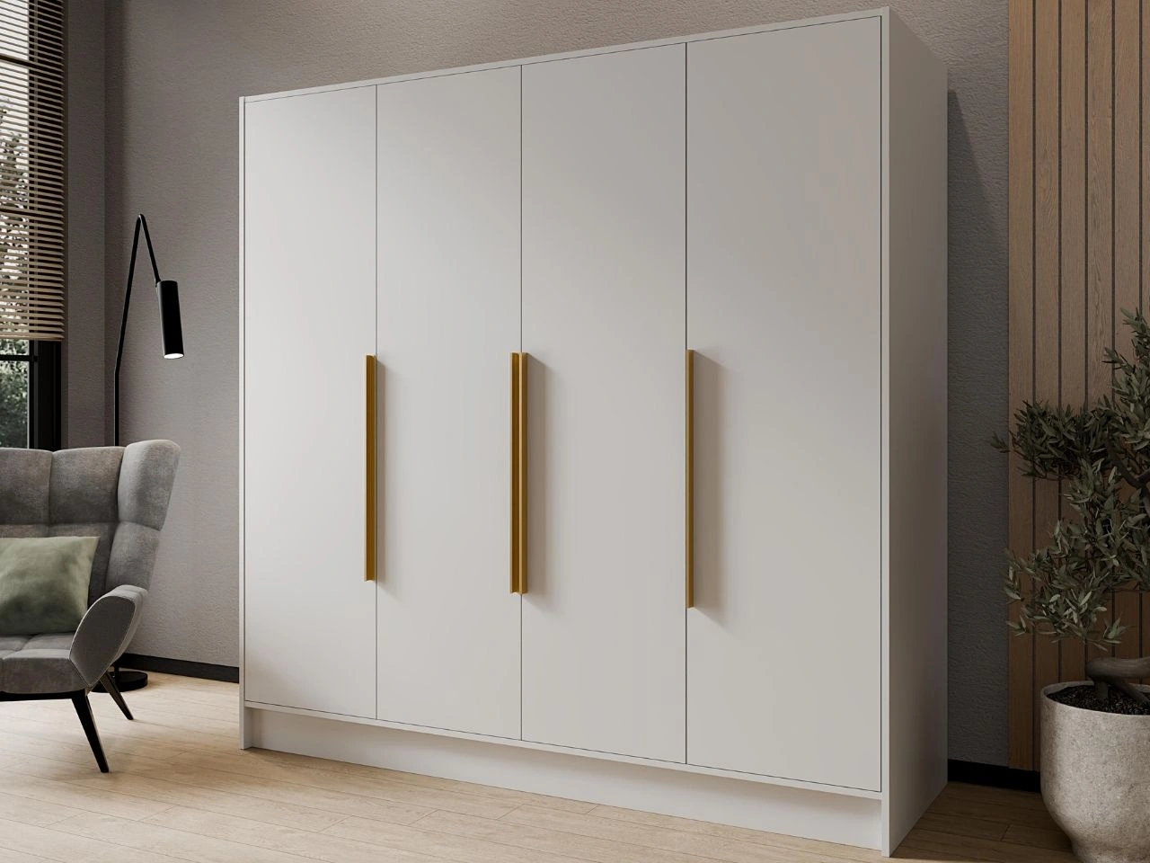 Kleiderschrank 200 cm Perugia Weiß mit goldenen Griffen