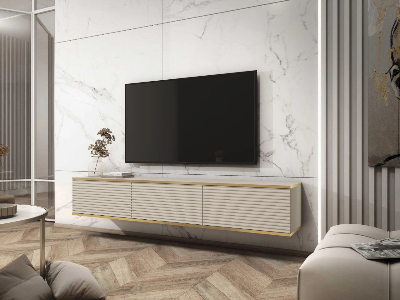 TV-Lowboard Hänge mit Türen 175 cm Diolo Beige mit geriffelter Vorderseit