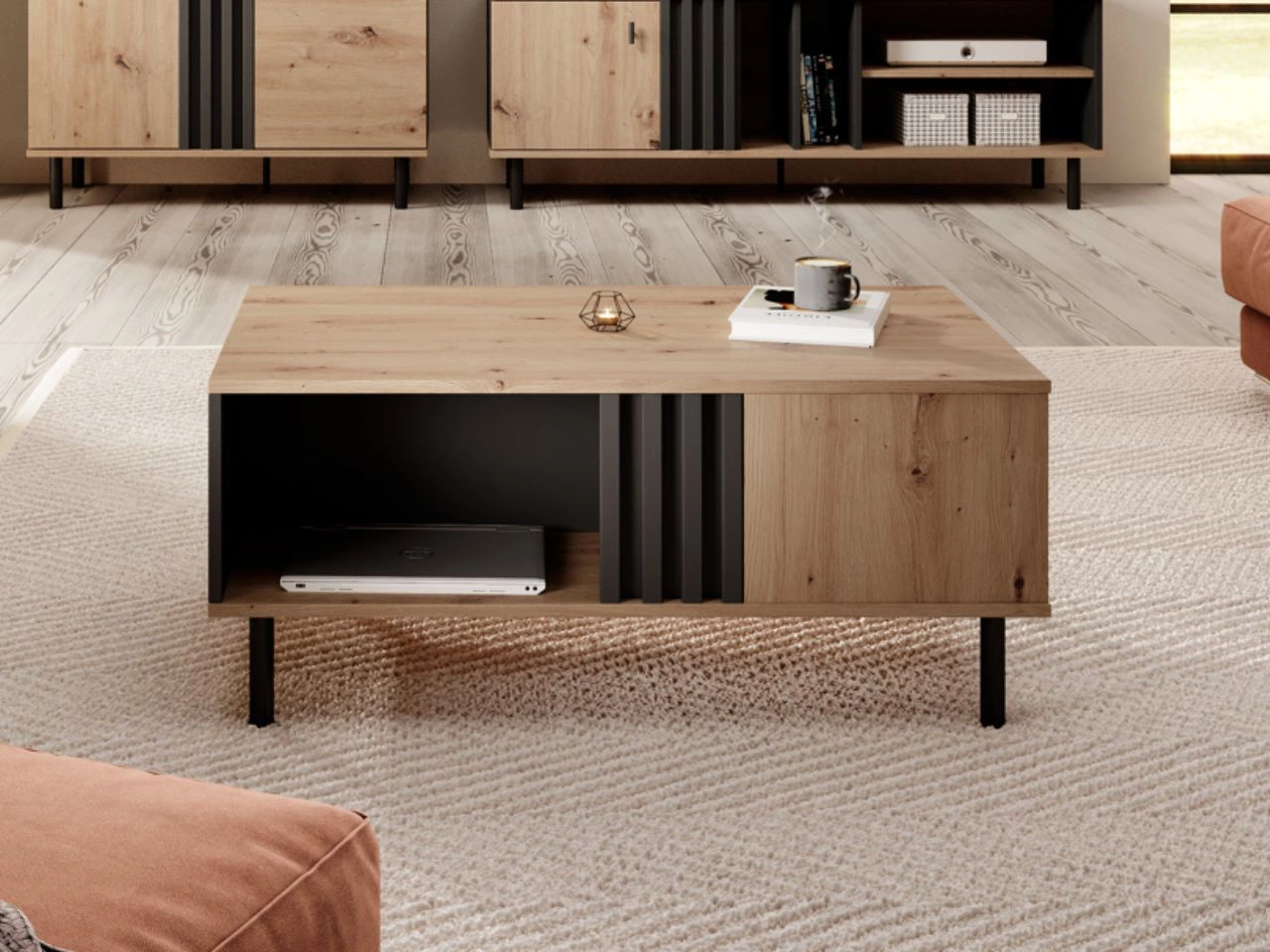 Couchtisch mit Stauraum Malone Artisan Eiche, Schwarz