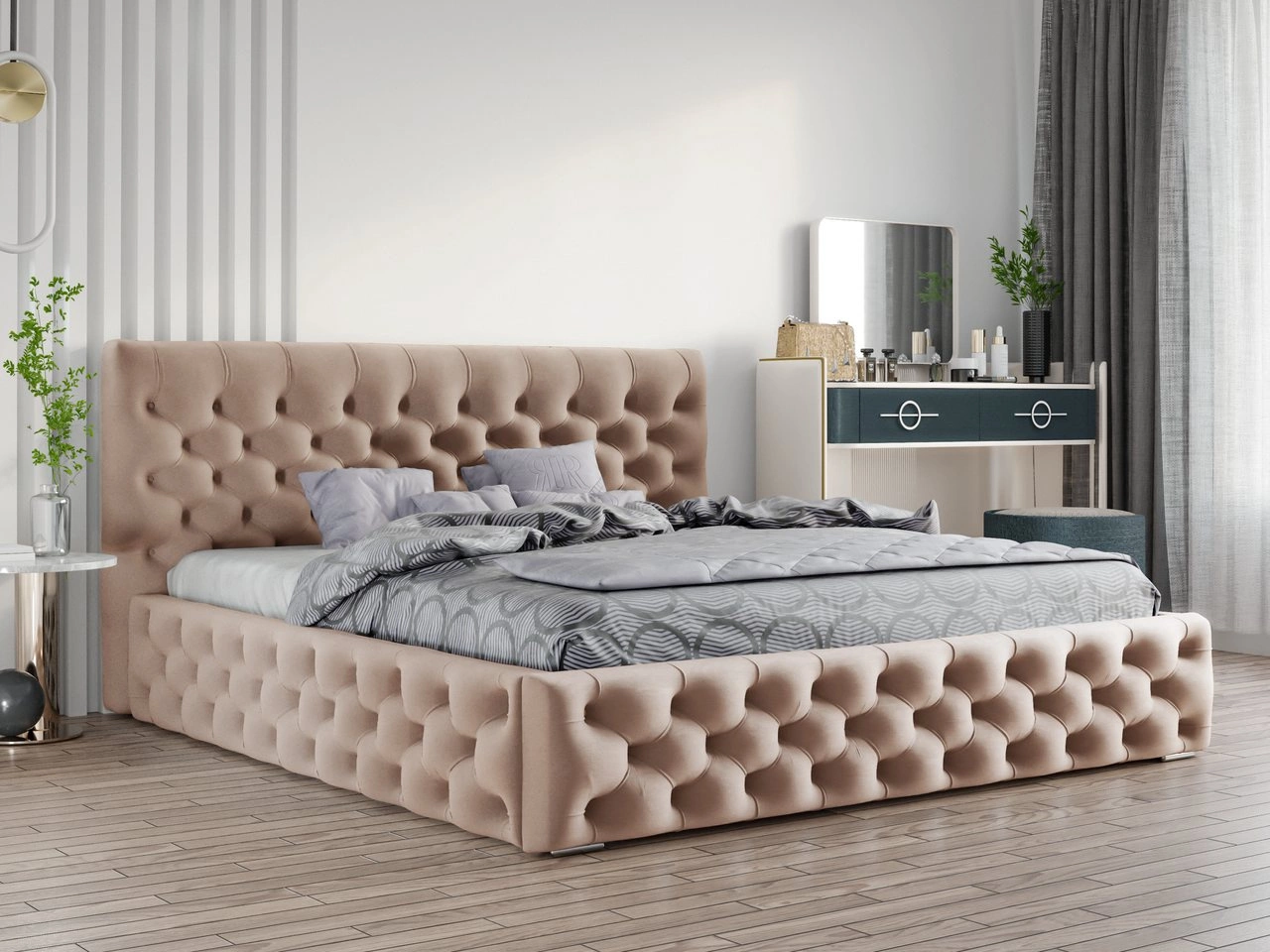 Glamour Chesterfield Bett Velutto 180x200 - Beige