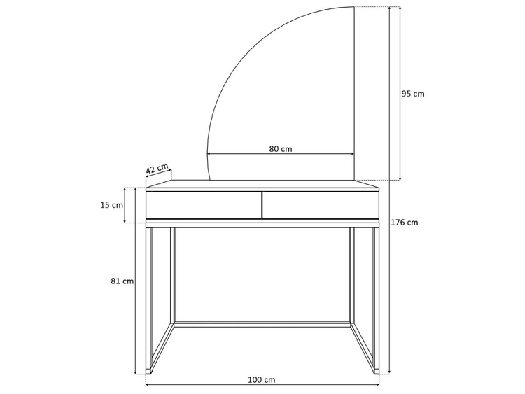 Kosmetiktisch linksseitig mit Schubladen und LED-Beleuchtung auf schwarzen Beinen Clarette Schwarz Hochglanz