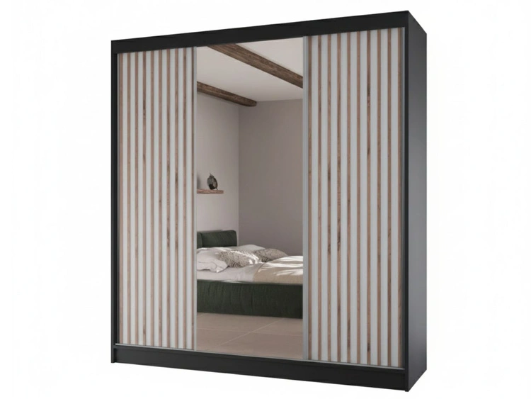 Schiebetürenschrank mit Lamellen und Spiegel 200 cm Lucena Schwarz, Weiß
