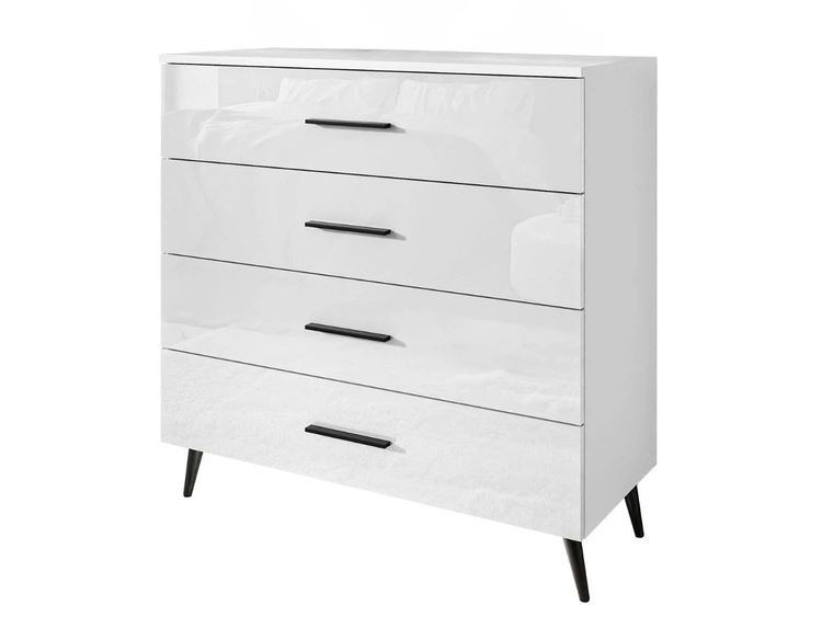 Kommode mit vier Schubladen und LED-Beleuchtung auf Schwarzen Metallbeinen Nuveo Weiß Hochglanz